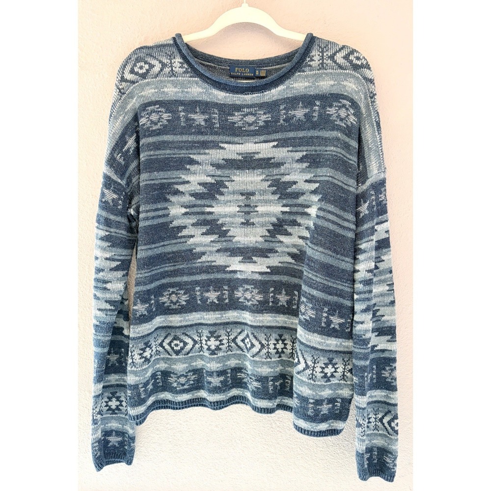 Polo Ralph Lauren Womens XL Blue Southwestern Aztec Cotton Linen Knit Sweater‎